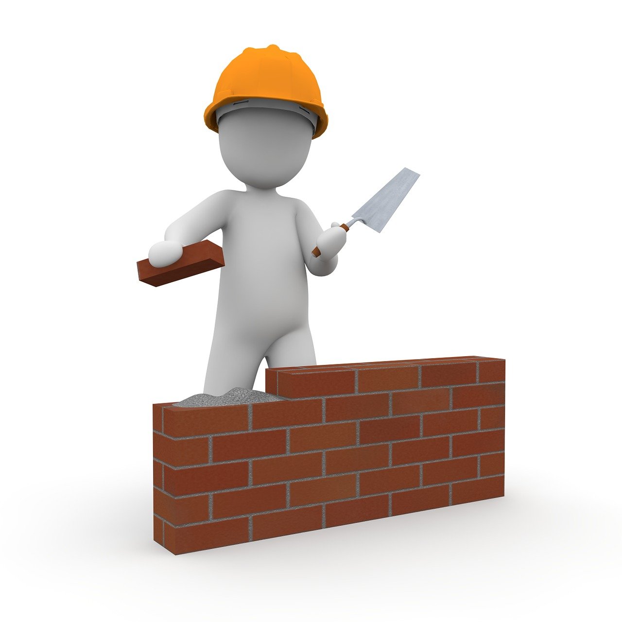 a builder with a trowel stood by a partly constructed wall